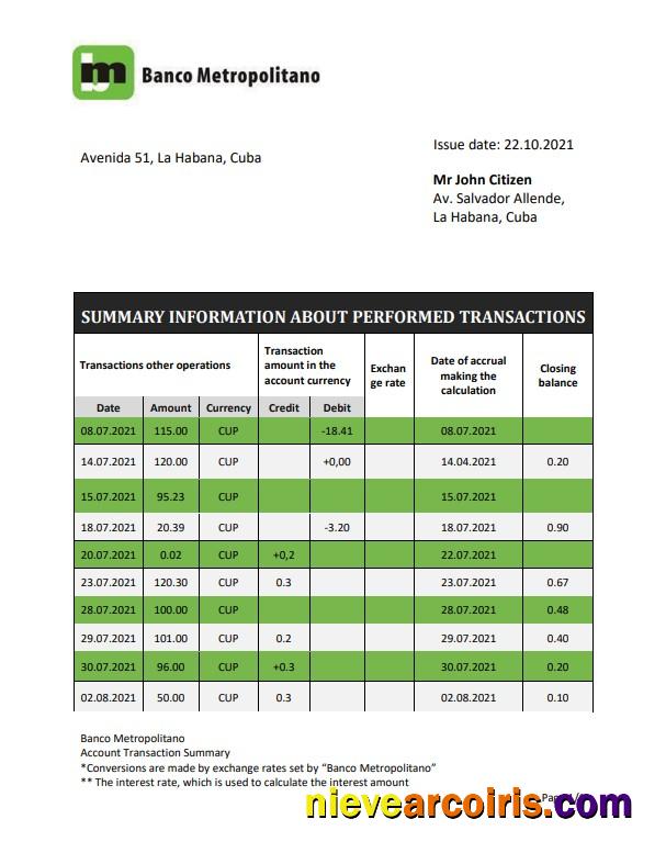 Cuba Banco Metropolitano bank proof of address statement in Word and PDF format